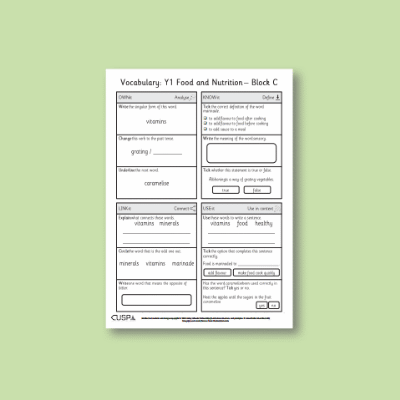 Y1 Design and Technology C (Food and Nutrition) Vocabulary Questions VQ
