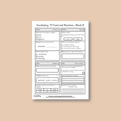 Y2 Design and Technology B (Food and Nutrition) Vocabulary Questions VQ