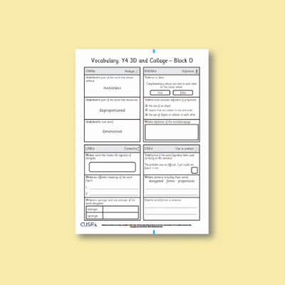 Y4 Art and Design D (3D and Collage) Vocabulary Questions VQ