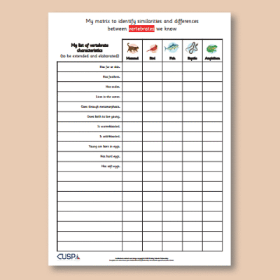 Image of Year 4 Science (Revisit Living Things) AR2 Vertebrates & Invertebrates Matrices Partially Completed CUSP Resource