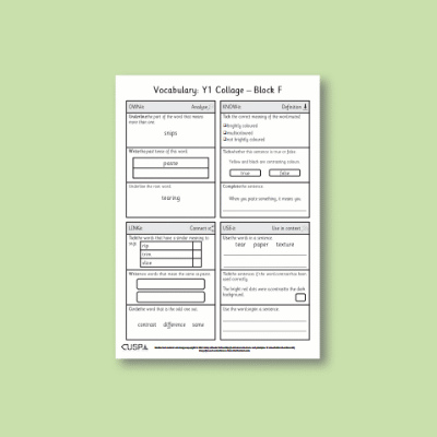 Y1 Art and Design F (Creative Response, Collage) Vocabulary Questions VQ