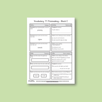 Y1 Art and Design C (Printmaking) Vocabulary Questions VQ