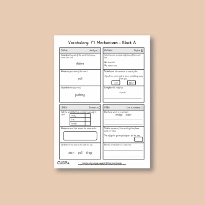 Y1 Design and Technology A (Mechanisms) Vocabulary Questions VQ