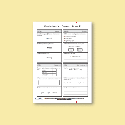 Y1 Design and Technology E (Textiles) Vocabulary Questions VQ