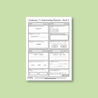 Y1 Design and Technology D (Understanding Materials) Vocabulary Questions VQ