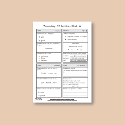 Y2 Design and Technology A (Textiles) Vocabulary Questions VQ