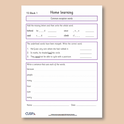 Y3 Spelling Block 01 Home Learning HL