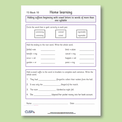Y3 Spelling Block 10 Home Learning HL