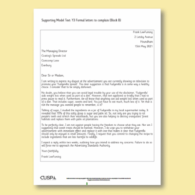 Y3 Writing B (Formal Letters to Complain) Supporting Model Text SMT