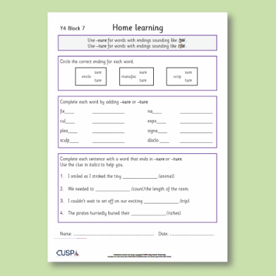 Y4 Spelling Block 07 Home Learning HL