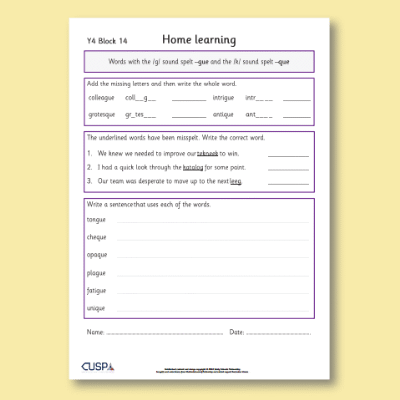 Y4 Spelling Block 14 Home Learning HL