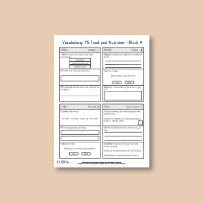 Y5 Design and Technology A (Food and Nutrition) Vocabulary Questions VQ