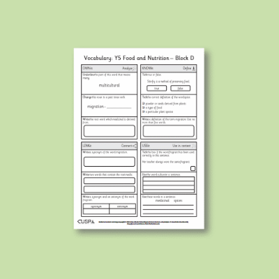 Y5 Design and Technology D (Food and Nutrition) Vocabulary Questions VQ