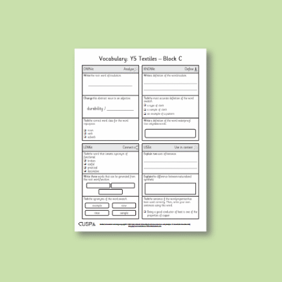 Y5 Design and Technology C (Textiles) Vocabulary Questions VQ