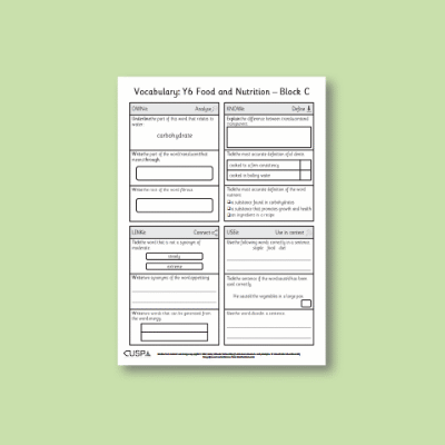 Y6 Design and Technology C (Food and Nutrition) Vocabulary Questions VQ