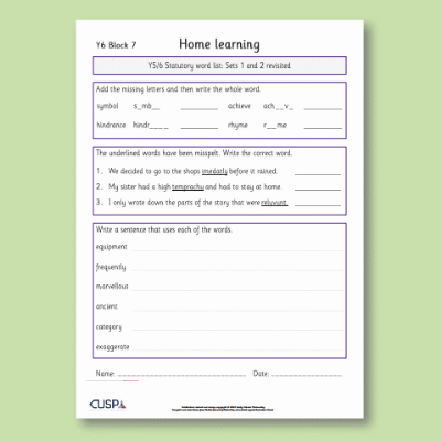 Y6 Spelling Block 07 Home Learning HL