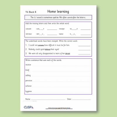 Y6 Spelling Block 08 Home Learning HL