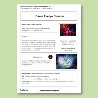 Image of Year 1 Music D (Introducing Tempo and Dynamics) Dame Evelyn Glennie CUSP Resource