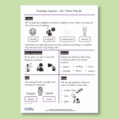 Image of Year 1 PSHE (My Life) Knowledge Oragniser KO CUSP Resource