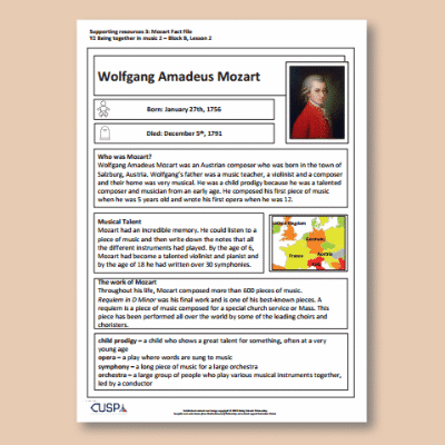 Image of Year 2 Music B (Being Together in Music 2) AR1 Mozart Fact File CUSP Resource