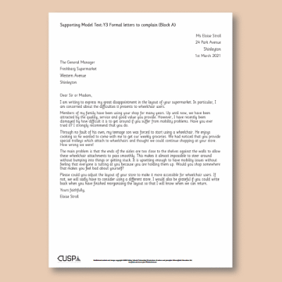 Y3 Writing A (Formal Letters to Complain) Supporting Model Text SMT