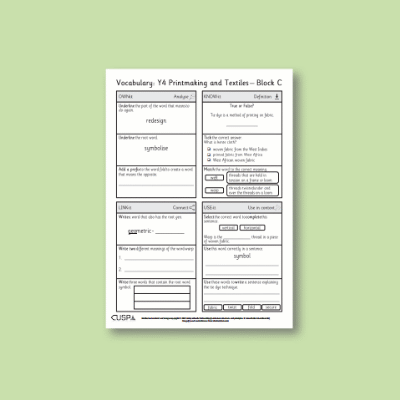 Y4 Art and Design C (Printmaking and Textiles) Vocabulary Questions VQ