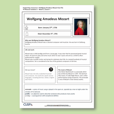 Image of Year 4 Music C (Musical Notation 2) Mozart CUSP Resource