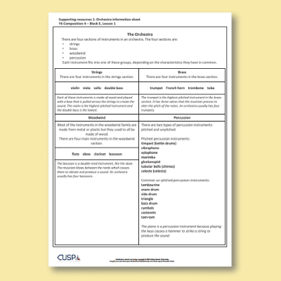 Image of Year 6 Music E (Composition 04) Orchestra Info Sheet CUSP Resource