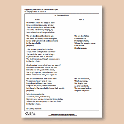 Image of Year 6 Music A (Singing) AR In Flanders Fields Lyrics CUSP Resource