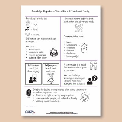 Image of Year 6 PSHE (Friends and Family) Knowledge Oragniser KO CUSP Resource