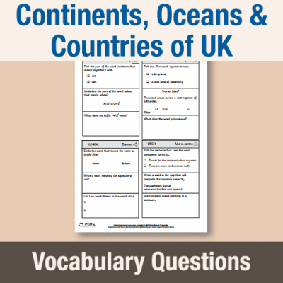 Image of Year 1 Geography (Continents, Oceans & Countries of UK) Vocabulary Questions VQ CUSP Resource