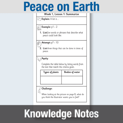 Image of Year 1 Reading (Peace on Earth) Knowledge Notes KN CUSP Resource