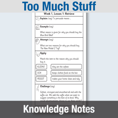 Image of Year 1 Reading (Too Much Stuff) Knowledge Notes KN CUSP Resource