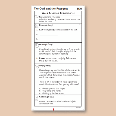 Y1 Reading (The Owl and the Pussy-cat) Knowledge Notes SKN