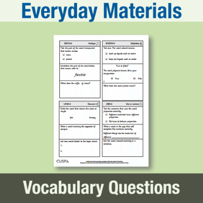 Image of Year 1 Science (Everyday Materials) Vocabulary Questions VQ CUSP Resource