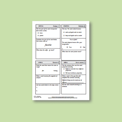 Y1 Science (Everyday Materials) Vocabulary Questions VQ