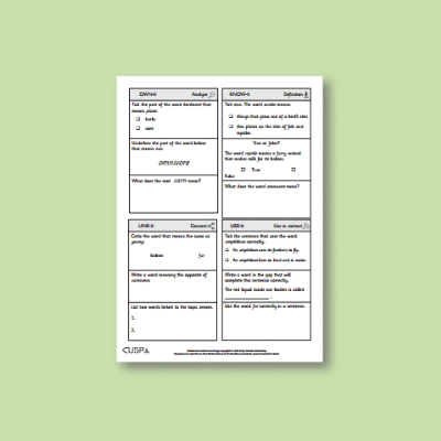 Y1 Science (Revisit: Animals, Including Humans) Vocabulary Questions VQ