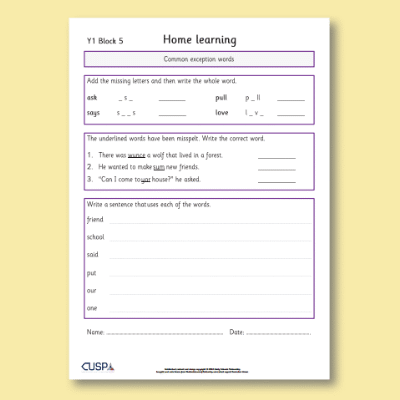 Y1 Spelling Block 05 Home Learning HL