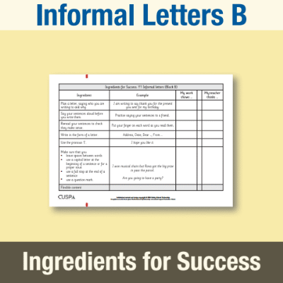 Image of Year 1 Writing B (Informal Letters) Ingredients for Success IFS CUSP Resource