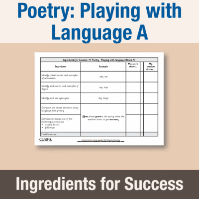 Image of Year 1 Writing A (Poetry: Playing with Language) Ingredients for Success IFS CUSP Resource