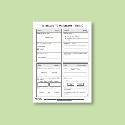 Y2 Design and Technology C (Mechanisms) Vocabulary Questions VQ