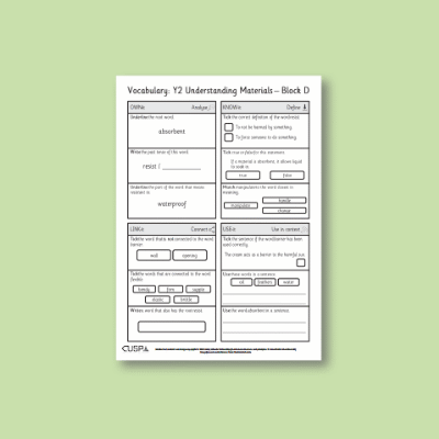 Y2 Design and Technology D (Understanding Materials) Vocabulary Questions VQ