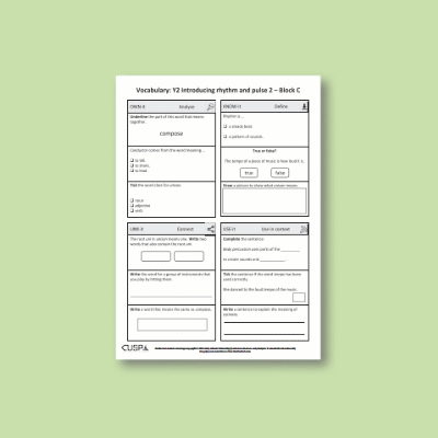 Y2 Music C (Introducing Rhythm and Pulse 2) Vocabulary Questions VQ