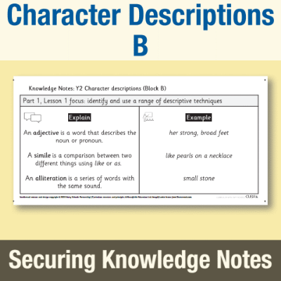Image of Year 2 Writing B (Character Descriptions) Knowledge Notes SKN CUSP Resource
