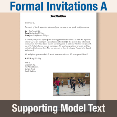 Image of Year 2 Writing A (Formal Invitations) Supporting Model Text SMT CUSP Resource