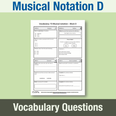 Image of Year 3 Music D (Musical Notation) Vocabulary Questions VQ CUSP Resource