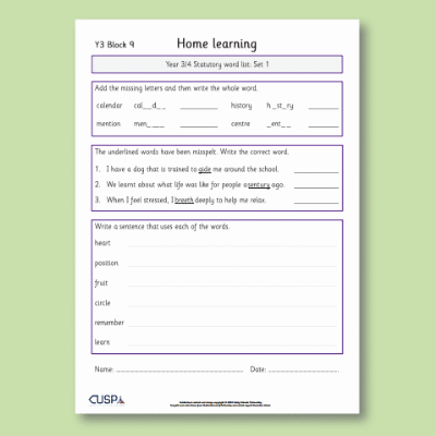 Y3 Spelling Block 09 Home Learning HL