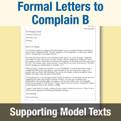Image of Year 3 Writing B (Formal Letters to Complain) Supporting Model Text SMT CUSP Resource