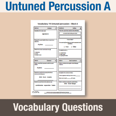 Image of Year 4 Music A (Untuned Percussion) Vocabulary Questions VQ CUSP Resource