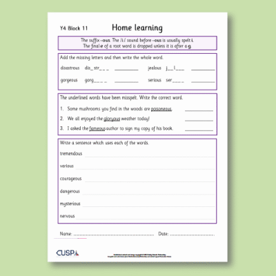 Y4 Spelling Block 11 Home Learning HL